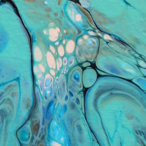 Handmade Acrylic Fluid Art Bloom Blue and White On Stretched Canvas 10"×10" - Picture 2 of 5